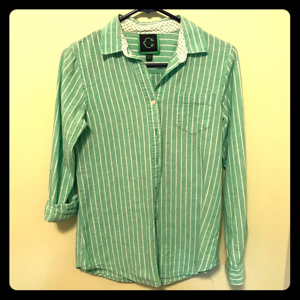 Green/White Pinstripe Cotton Button Front Blouse
